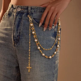 GZQ Layered Gold-tone Pants Chain for Women Men Cross Luxury Pearl Wallet Chain Jean Chains for Women Jewelry(NN35)