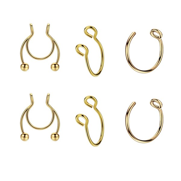 JOFUKIN 6pcs Gold Plated Stainless Steel Fake Nose Ring Flexible
