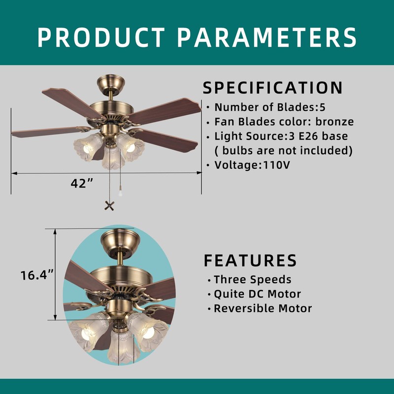 TWLITE 42 Inch Indoor Ceiling Fan with Pull-chain and Three