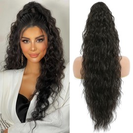 Ponytail Extension, Claw Clip on Pony tails Hair Extension for Black Women 28 Inch Long Wavy Curly Fake Ponytail Clip in Hair Pieces for Women Fluffy Natural Looking (Dark Brown Black, 28 Inch)
