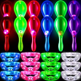 Libima 24 Pcs LED Light up Tambourine Tambourin and Mini Maracas Musical Kid Adult Handheld Plastic Tambourine Bell LED Flashing Shaker Neon Mexican Decor Noisemaker for Easter Party Favor Birthday