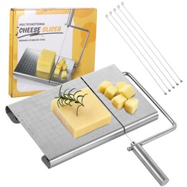Cheese Slicer with Wire for Block Cheese - Adjustable Stainless Steel Cheese Cutter with Precision Scale,5 Replacement Wires, Non-Slip and Ergonomic Design