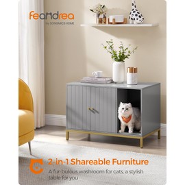 Feandrea Litter Box Enclosure, Modern Cat Litter Box Furniture Hidden, with Scratching Mat, Tall Legs, Cat House, Side End Table, 31.5 x 19.7 x 21.7 Inches, Dove Gray and Gold UPCL007H01