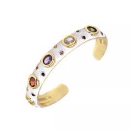 Unbranded Enamel White with Multi-color Cubic Zirconia Gold Plated Cuff Bangles