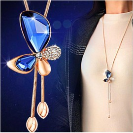 Inateannal Crystal Butterfly Necklace Inlay Rhinestone Flower Pendant Y-Necklace Gold Snake Chain Lariat Necklace Long Tassel Statement Sweater Necklace Jewelry for Women Girls