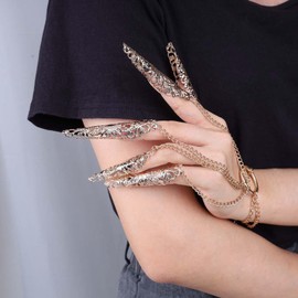 Inilbran Boho Bracelet with Fingernails Gypsy Egyptian Finger Ring Bracelet Gothic Fingernail Tip Claws Rings Bracelet Gold Indian Egyptian Belly Dance Bracelet Jewellery for Women and Girls, Zinc