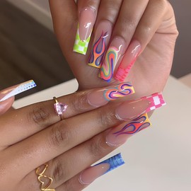 VIVABOMS French Flame Press On Nails,Long Stiletto False Nails with Dynamic Fire Design, Bold Glue-On Nail Art Tips for Women and gilrs, Party, Wedding & Daily Edgy kits 24PCS