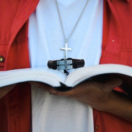 epiphaneia Christian St Andrews Style Cross Black Leather Bracelet Adjustable - Vintage Look Men & Women. Mens Bracelets & Jewellery. Gift for Father's Day, Christmas, Faith