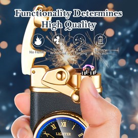 RSBYE Electric Lighter USB Rechargeable Lighter, Windproof Dual Arc Plasma Lighter Lighter, Flameless Electronic Cool Lighters with LED Battery Indication for Men (Matte Black Clock)