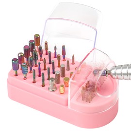 Nail Drill Bits Holder 2 in 1 Nail Drill Bits Cleaning Brush Case, 30 Holes Dustproof Acrylic Nail Drill Holder Storage Box, Nail Drill Bit Holder Stand Displayer Organizer for Home Salon Use (Pink)