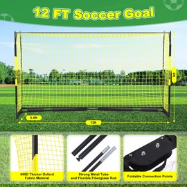 Collapsible Soccer Goal, 12×6 ft Portable Soccer Goal Net for Backyard, Quick Setup Soccer Goals with 1 Carry Bag, 1 Agility Ladder, 4 Ground Nails,12 Training Cones (Black)