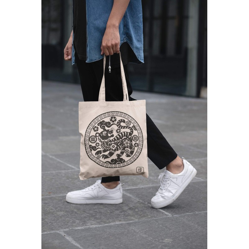 clothinx Chinese Zodiac Signs Fabric Bag with Selection, Tiger Natural.