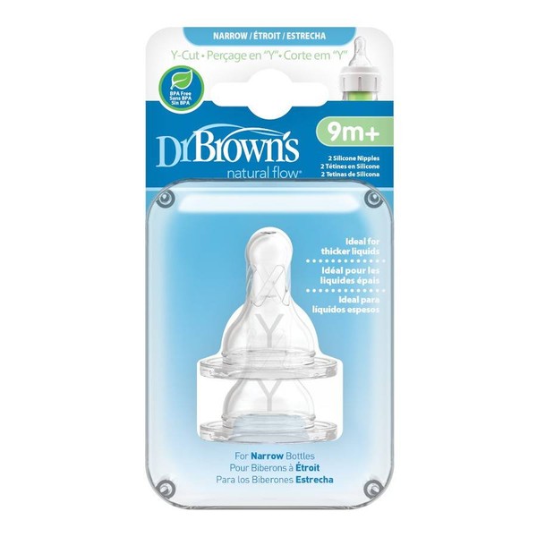DR. BROWN'S NATURAL FLOW SILICONE NIPPLES FOR NARROW NECK BOTTLES Y-CUT 9m+ 2s