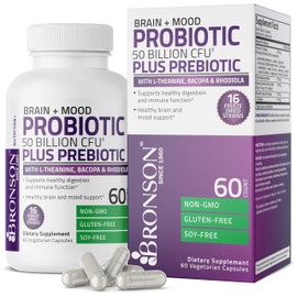 Bronson Bronson Brain + Mood Probiotic 50 Billion CFU Plus Prebiotic with L-Theanine, Bacopa and Rhodiola Non-GMO, 60 Vegetarian Capsules