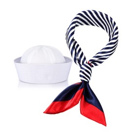 Geyoga Sailor Hat and Scarf Set for Women Men Sailor Outfit with White Sailor Cap Captain Hat Scarf for Costume Accessory(Delicate Style)
