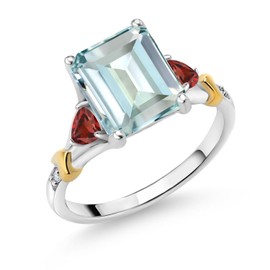 Gem Stone King 925 Silver and 10K Yellow Gold Sky Blue Simulated Aquamarine and Red Garnet and Diamond Engagement Ring For Women (4.65 Cttw, Emerald Cut 10X8MM, Trillion 3.5MM) (Size 7)