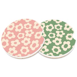 Neidius Pink Floral Car Cup Holder Coasters,Vintage Groovy Flowers Car Cup Coasters Absorbent for Drinks with Cork Base Anti-Slip Universal Ceramic Insert Auto Interior Accessories 2Pcs