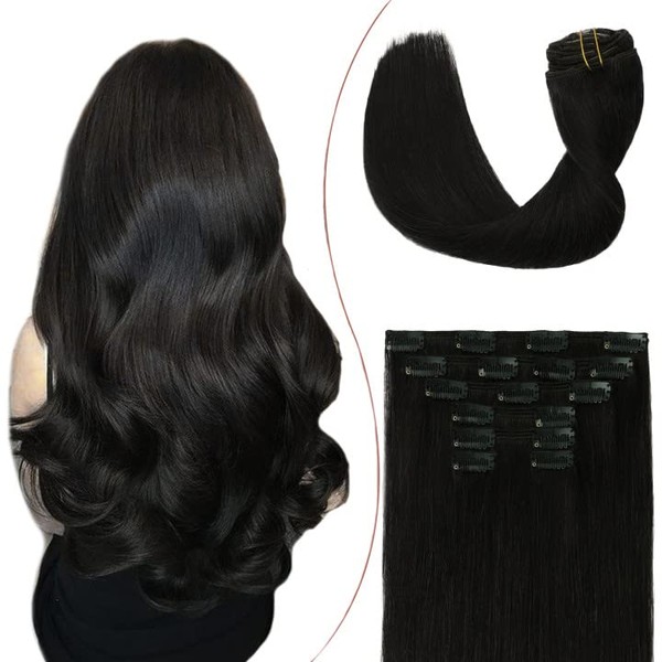 Clip In Human Hair Extensions Double Weft Brazilian Hair 120g 7pcs 1# Jet black Full Head Silky Straight 100% Human Hair Clip In Extensions 20 Inch (20in 120g #1)