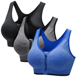 CARETOO Women's Sports Bra, Strong Hold Active Bra, High Stress Training Bustier for Yoga, Fitness, with Zip, Black + grey + blue
