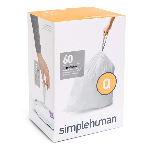 simplehuman Code Q Custom Fit Trash Can Liner, 3 refill packs (60 Count), 50-65 Liter / 13-17 Gallon