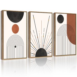 PHOPAGO Boho Wall Art Minimalist Bohemain Framed Wall Printing Large 16x24in Abstract Canvas Prints Decor with Sun & Black Lines - Natural Framed