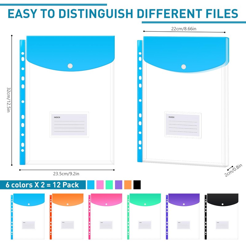 Lychico Plastic Wallets A4 Punched Pockets (12 Pack), 11 Holes