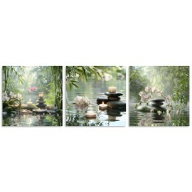 TutuBeer 3 Pcs Zen Wall Art Zen Pictures for Bathroom Spa Still Life Spa Stone Green Bamboo White Orchid on Water Pictures Print on Canvas for Home Office Wall Decor Stretched and Framed 12x12inchx3