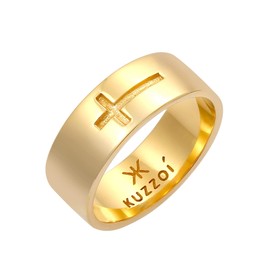 Kuzzoi 0610410620 Men's Band Ring with Cross Motif Made of 925 Sterling Silver Gold-Plated Wide Silver Ring (8 mm) in Golden Design, Wide Ring for Men with Cross, Ring Size 60 - 66, Sterling Silver