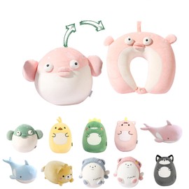 JOYRAVO Children's Travel Pillow Malleable Neck Pillow, Soft U-shaped Pillow with Cute Plush Toys, Cosy Sleeping and Play Companion for Aeroplanes, Cars and Travel – Pink Fish