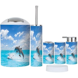 XNGJEMVWXO Bathroom Accessory Set 6 Piece Pack Jumping Dolphins Toothbrush Holder, Toothbrush Cup, Soap Dispenser, Soap Dish, Toilet Brush Holder, Trash can, iyexNUcoyw2Ga-6j
