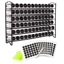 SWOMMOLY Spice Rack Organizer with 72 Empty Square Spice Jars, 340 Spice Labels with Chalk Marker and Funnel Complete Set,for Countertop,Cabinet or Wall Mount, Black
