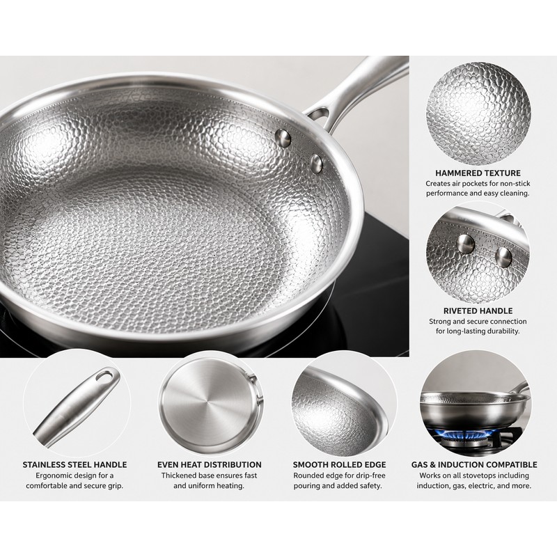 32cm Titanium Stainless Steel Frying Pan Non-stick Wok Skillet with