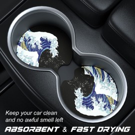 Aiawoxc Car Cup Holder Coasters, 2 Pack Universal Auto Anti Slip Insert Coaster, Rubber Car Coasters with A Finger Notch, Cute Car Assecories for Women Men, Cup Mat for Most Car Interior (Waves)