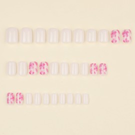 IMSOHOT Press on Nails Short Square Fake Nails White Pink False Nails with Flower Designs Full Cover Glue on Nails Glossy Floral Acrylic Nail Supplies for Women Girls Manicure