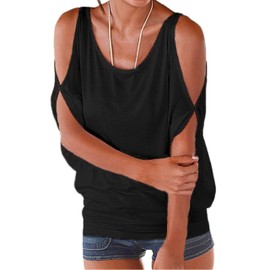 Miselon Women Ruched Cutout Shoulder Loose Fit Shirt Tops (Black, M)