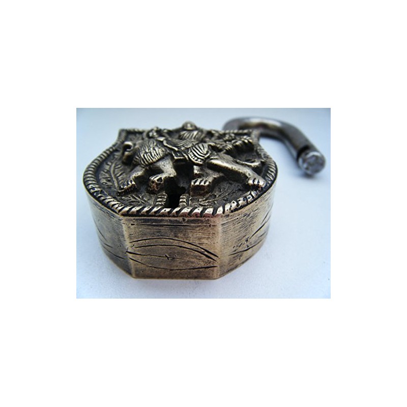 Purpledip Handmade Brass Antique Padlock with Maa Durga Idol (10006)