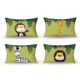 Aoihrraan 30 x 50 cm Set of 4 Cute Cartoon Animal Decorative Cushion Cover Forest Monkey Giraffe Floral Plant Soft Short Plush Square Light Pink Cushion Cover Children Party Sofa Baby Bedroom Bed