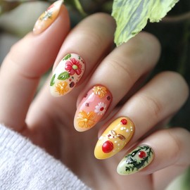24Pcs Press on Nails Medium Almond,French Tip Fake Nails with Yellow Green Flowers Designs Full Cover Glossy Glue on Nails Thick Acrylic False Nails Medium Almond Cute Stick on Nails for Women Girls YLW846