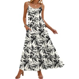 Naggoo Maxi Dresses for Women Sleeveless A Line Flowy Boho Dress Floral Print Long Dress Floral White Black Medium