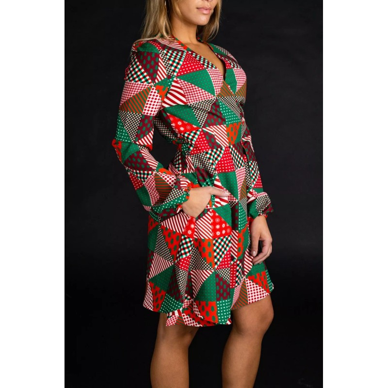 Shinesty Womens Christmas Wrap Dress Patchwork Tree Quilted Print Small