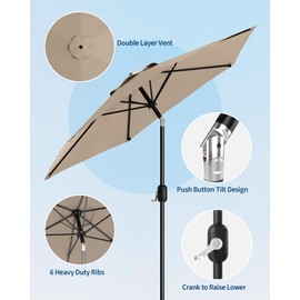 7.5FT Outdoor Patio Umbrella, Outdoor Table Umbrella, Market Umbrella With Push Button Tilt and Crank, 6 Sturdy Ribs UV Protection Waterproof for Garden, Deck, Backyard, Pool, Tan