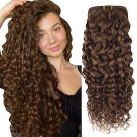Hetto Curly Clip in Hair Extension Real Human Hair Natural Curly Hair Extensions Light Brown Curls Clip on Extensions 7Pcs 120g 14in #4 Golden Brown