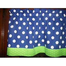 Royal Blue Lime Green Polka Dot fabric kitchen decor window treatment topper curtain Valance 42" by 13"