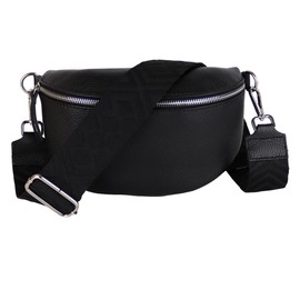 MIRROSI® Women's Bum Bag, Genuine Leather, Made in Italy, Shoulder Bag, Chest Bag, Crossbody Bag (1 Bag & 2 Straps), Black (fish tackle)