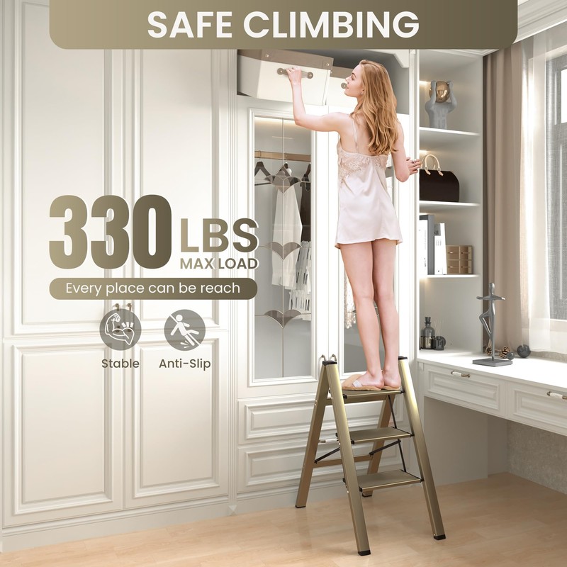 GameGem 3 Step Ladder, Aluminum Folding Step Stool with Anti-Slip