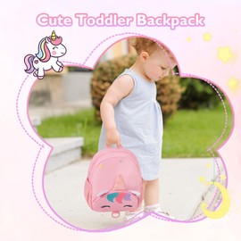 mommore Toddler Backpack for Girls 2-4, 3D Cartoon Mini Kids Backpack, Small Baby Backpack with Toddler Leash, Chest Buckle, Water-Resistant Pre-K School Bag, Unicorn
