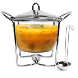 4 Quart Soup Warmer | Soup Tureen for Parties Buffet, Stainless Steel Soup Chafer with Glass Serving Dish and Ladle