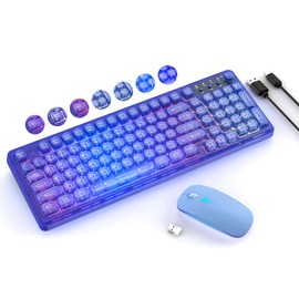 Wireless Light Up Keyboard and Mouse,Cute 2.4Ghz Cordless Rechargeable Clear Transparent Backlit Keyboard,15 Backlight Effects,Volume Knob,RGB Mouse with 3 DPI for Mac Computer PC Laptop Desktop-Blue