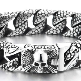COOLSTEELANDBEYOND Skull Charm Bracelet with Snake Skin Pattern Stainless Steel Curb Chain Bracelet with Pirate Skull Clasp, Metal, Non-applicable