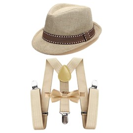 MYRISAM Kids 1920's Themed Party Costume Accessories Set Fedora Gangster Hat Adjustable Suspenders Bow Tie 3pcs Outfit Khaki 7-15T